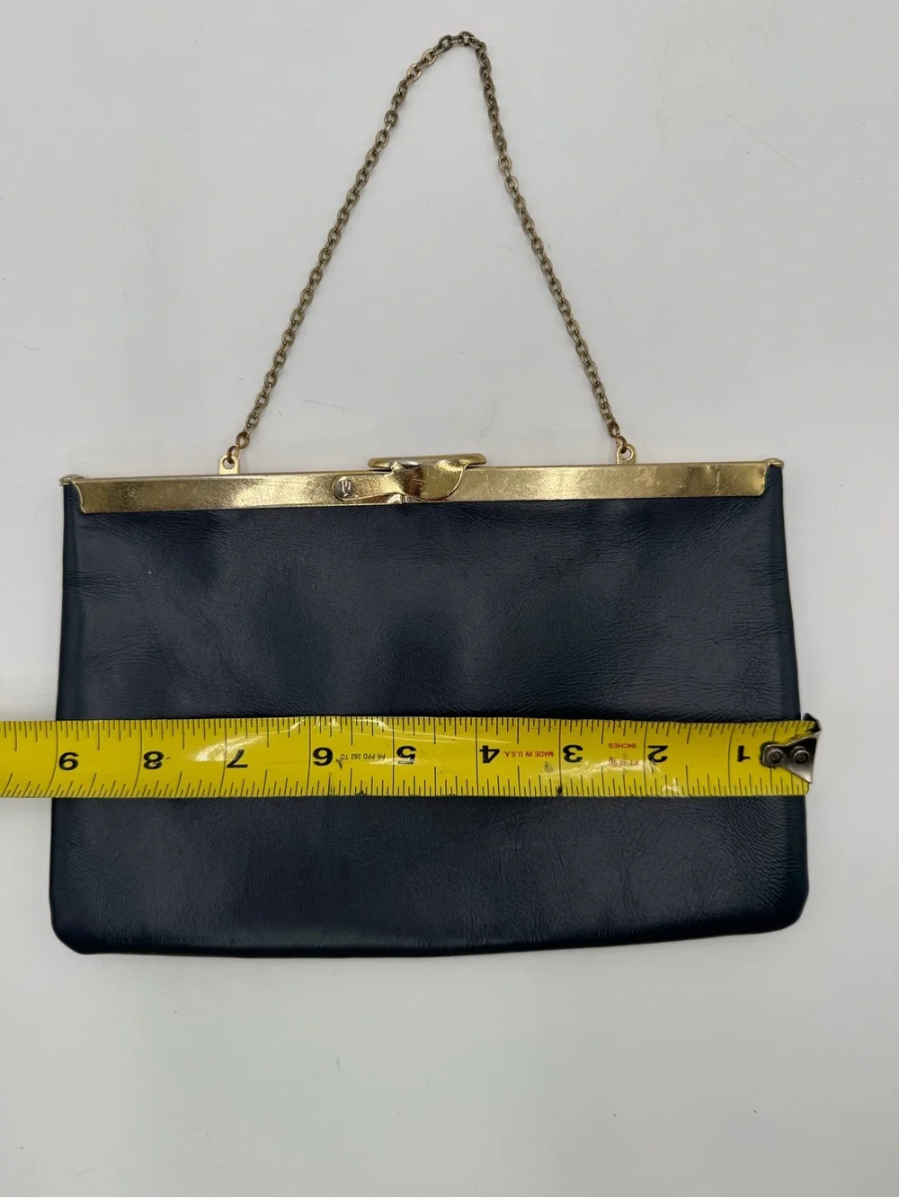Vintage Etra Genuine Leather Navy Blue Clutch Purse Gold Chain Evening Bag